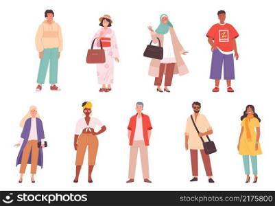 Multiracial characters. Fashioned outfit person various clothes in casual pants jackets hat dresses nowaday vector people in various poses. Multiracial diverse people, trendy multiethnic illustration. Multiracial characters. Fashioned outfit person various clothes in casual style pants jackets hat dresses nowaday vector colored people in various poses