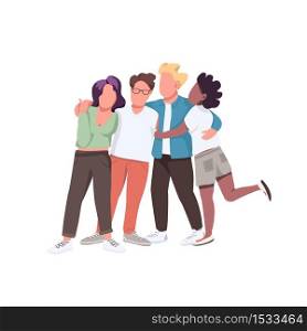 Multiracial community flat color vector faceless characters. Multi national group. People hug and stand together. Friendship isolated cartoon illustration for web graphic design and animation. Multiracial community flat color vector faceless characters