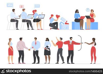 Multiracial Diverse Business People Working on Laptop in Office. Man and Woman Graduating. Female Freelancer Team Blogging, Networking. Flat Set. Guy Aiming from Bow. Vector Cartoon Illustration. Business People Working, Graduating, Blogging Set