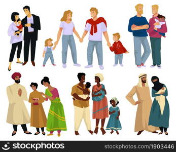 Multiracial families with kids and newborn babies. Parents and toddler, mother and father with son or daughter on hands. motherhood and childhood, happy characters. Vector in flat style illustration. Families mother and father with small children