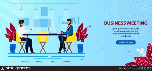 Multiracial People Characters Business Meeting Sitting at Office Desk Having Friendly Conversation with Drinks. Leaders of Companies Collaboration Cartoon Flat Vector Illustration. Horizontal Banner. Multiracial People Characters Business Meeting