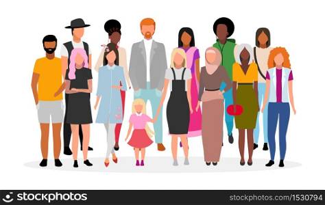 Multiracial people group flat vector illustration. Multicultural young adults together cartoon characters. Community, society. Diverse women and men. Unity in diversity, international tolerance
