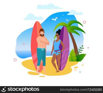 Multiracial Surfers Couple Standing on Sunny Beach. Cartoon Caucasian Man and Afro American Woman. Summer Sport and Recreation. Travel and Extreme Vacation on Holidays. Vector Flat Illustration. Multiracial Surfers Couple Standing on Sunny Beach