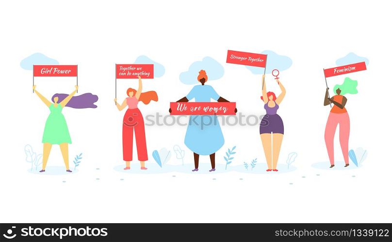 Multiracial Women of Different Height, Figure Type and Size Standing in Row with Banners in Hands on White Background with Grass and Clouds. Girl Power, Feminism. Cartoon Flat Vector Illustration.. Multiracial Women Standing in Row with Banners