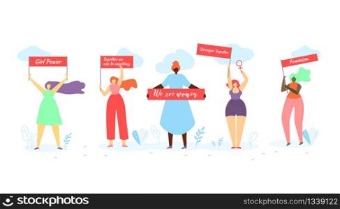 Multiracial Women of Different Height, Figure Type and Size Standing in Row with Banners in Hands on White Background with Grass and Clouds. Girl Power, Feminism. Cartoon Flat Vector Illustration.. Multiracial Women Standing in Row with Banners