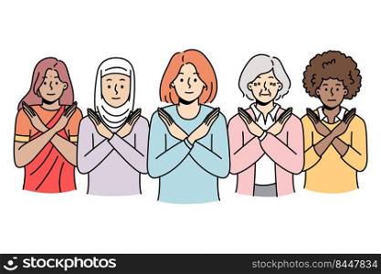 Multiracial women showing stop sign protest against gender or sex discrimination. Interracial female group gesturing braking the bias in society. Vector illustration.. Multiethnic women show stop sign against discrimination