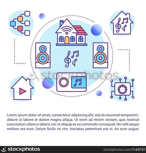 Multiroom article page vector template. Home sound digital system. Smart house. Brochure, magazine, booklet design element with linear icons. Print design. Concept illustrations with text