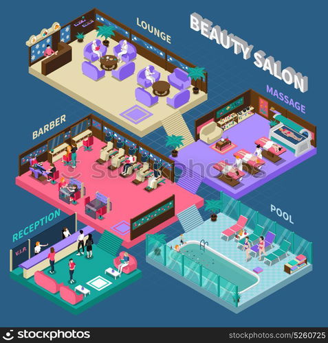 Multistory Beauty Salon Isometric Illustration. Multistory beauty salon with people reception barber pool massage and lounge on blue background isometric vector illustration