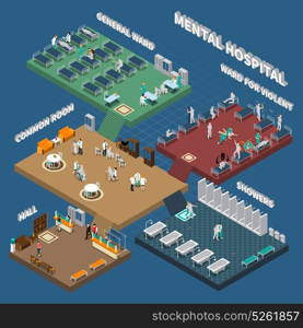 Multistory Mental Hospital Isometric Interior. Multistory mental hospital isometric interior with people in hall wards and showers on blue background vector illustration