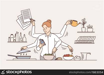 Multitasking and time management concept. Young smiling woman with six arms performing many tasks simultaneously in kitchen vector illustration . Multitasking and time management concept