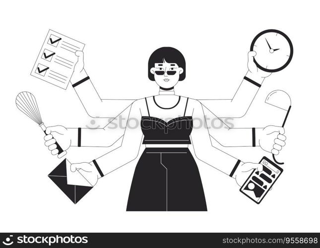 Multitasking business woman bw concept vector spot illustration. Holding different items 2D cartoon flat line monochromatic character for web UI design. Productivity editable isolated hero image. Multitasking business woman bw concept vector spot illustration