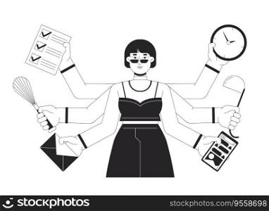 Multitasking business woman bw concept vector spot illustration. Holding different items 2D cartoon flat line monochromatic character for web UI design. Productivity editable isolated hero image. Multitasking business woman bw concept vector spot illustration