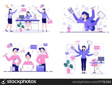 Multitasking Business Woman Or Office Worker as Secretary Surrounded By Hands With Holding Every Job In The Workplace. Vector Illustration