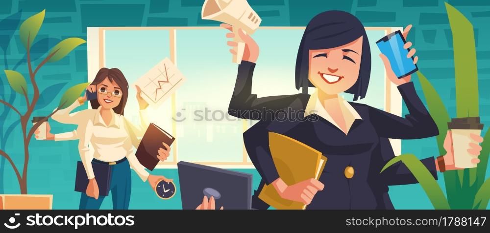 Multitasking business woman work in office. Modern girl with six arms does many tasks simultaneously. Active top manager, secretary female character career, job efficiency, Cartoon vector illustration. Multitasking business woman working in office