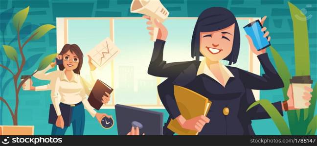 Multitasking business woman work in office. Modern girl with six arms does many tasks simultaneously. Active top manager, secretary female character career, job efficiency, Cartoon vector illustration. Multitasking business woman working in office
