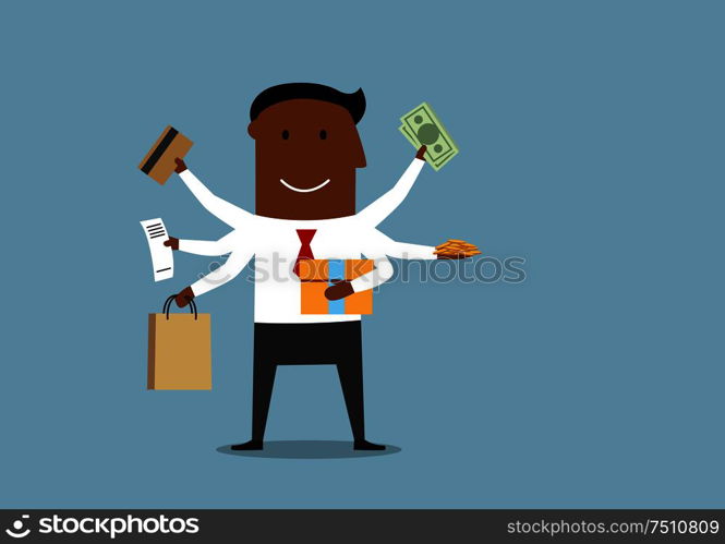 Multitasking businessman and shopping concept design. Cartoon manager with many hands holding shopping bag, gift box, bank credit card, dollar bills, coins and cash register receipt. Happy multitasking man with shopping items