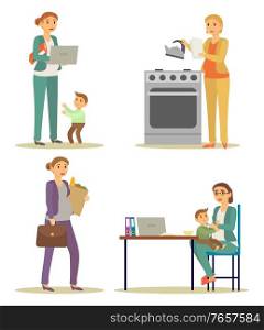 Multitasking businesswoman working, housekeeping and taking care of child vector. Pregnant woman work at laptop, cooking and buying groceries. Feeding little child and making report illustration. Businesswoman Working, Cooking or Buying Groceries