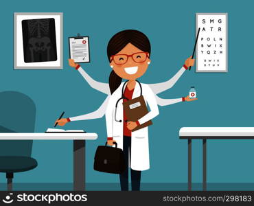 Multitasking busy female doctor smiling. Professional standing in the hospital. Vector illustration