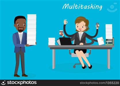 Multitasking european female behind a desk in modern office,successful businesswoman or office worker,african american male with stack of paper,overwork concept,flat vector illustration