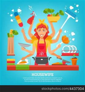 Multitasking Housewife With Eight Hands. Multitasking housewife with women in apron with eight hands holding different items for home work flat vector illustration