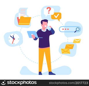 Multitasking man. Hard work male performs several tasks. Keep everything. Successful universal office employee. Productive businessman activity. Time management. Efficiency and success. Vector concept. Multitasking man. Hard work male performs several tasks. Keep everything. Successful universal employee. Productive businessman activity. Time management. Vector efficiency and success