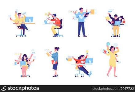 Multitasking people. Office universal employees with multiple hands and productive business professionals, busy workers make paperwork and communicate vector set. Multitasking people. Office employees with multiple hands and productive business professionals set