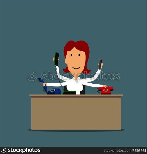 Multitasking smiling secretary successfully using a several telephones at the same time. Business concept of multitasking or successful business. Multitasking secretary talking on several phones