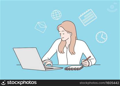 Multitasking, time management and productivity concept. Happy young business woman with multitasking skills sitting at laptop and working online in office vector illustration . Multitasking, time management and productivity concept