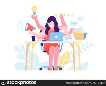 Multitasking woman. Successful business woman performing multiple tasks productive, work efficiency, workaholic secretary workplace in office, time management vector cartoon flat isolated concept. Multitasking woman. Successful business woman performing multiple tasks productive, work efficiency, workaholic secretary workplace, time management vector isolated concept