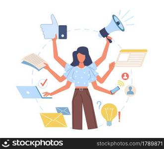 Multitasking woman. Versatile lady effectively decisive multiple cases at same time, hands perform actions, universal worker. Productive work in office, workaholic character vector isolated concept. Multitasking woman. Versatile lady effectively decisive multiple cases at same time, hands perform actions, universal worker. Productive work in office, workaholic character vector concept