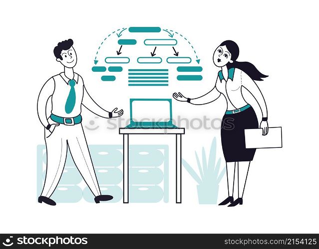 Multitasking work. Businessman and woman working together in office, people presents laptop or diagramm, business meeting vector concept. Illustration business multitasking work, woman and man. Multitasking work. Businessman and woman working together in office, people presents laptop or diagramm, business meeting vector concept