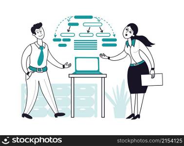 Multitasking work. Businessman and woman working together in office, people presents laptop or diagramm, business meeting vector concept. Illustration business multitasking work, woman and man. Multitasking work. Businessman and woman working together in office, people presents laptop or diagramm, business meeting vector concept