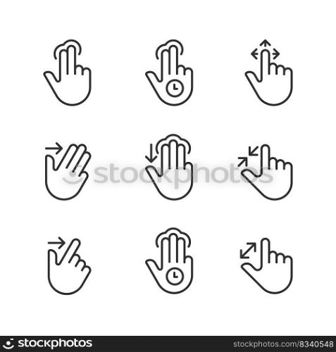 Multitouch gestures pixel perfect linear icons set. Touchscreen control. Tablet and phone navigation. Customizable thin line symbols. Isolated vector outline illustrations. Editable stroke. Multitouch gestures pixel perfect linear icons set