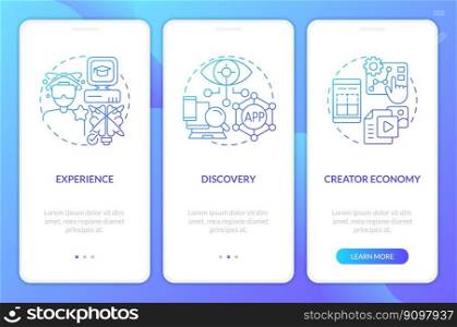 Multiverse layers blue gradient onboarding mobile app screen. Virtual reality walkthrough 3 steps graphic instructions with linear concepts. UI, UX, GUI template. Myriad Pro-Bold, Regular fonts used. Multiverse layers blue gradient onboarding mobile app screen
