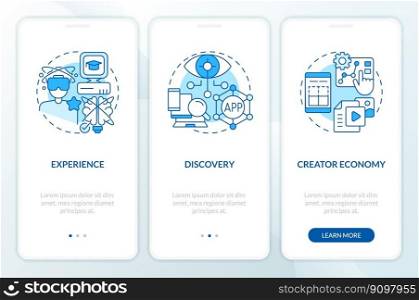 Multiverse layers blue onboarding mobile app screen. Virtual reality walkthrough 3 steps editable graphic instructions with linear concepts. UI, UX, GUI template. Myriad Pro-Bold, Regular fonts used. Multiverse layers blue onboarding mobile app screen