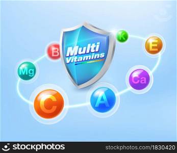 Multivitamin inspiration Protect the body and stay healthy, vitamins shield icon concept.