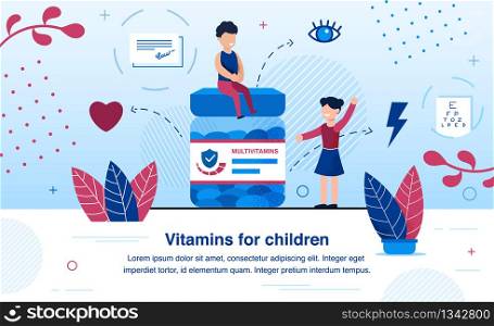 Multivitamins and Minerals for Children Growth, Healthy Heart and Sight Development Trendy Flat Vector Banner, Poster. Happy Preschooler Boy and Girl Playing Together at Jar of Vitamins Illustration