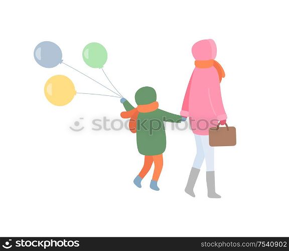 Mum and child turning back in jacket with hoot and scarf in trousers and boots. Mother holding handbag and kid going with balls, vector isolated on white. Mm and Child Turning Back in Warm Clothes Vector