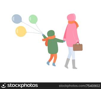 Mum and child turning back in jacket with hoot and scarf in trousers and boots. Mother holding handbag and kid going with balls, vector isolated on white. Mm and Child Turning Back in Warm Clothes Vector