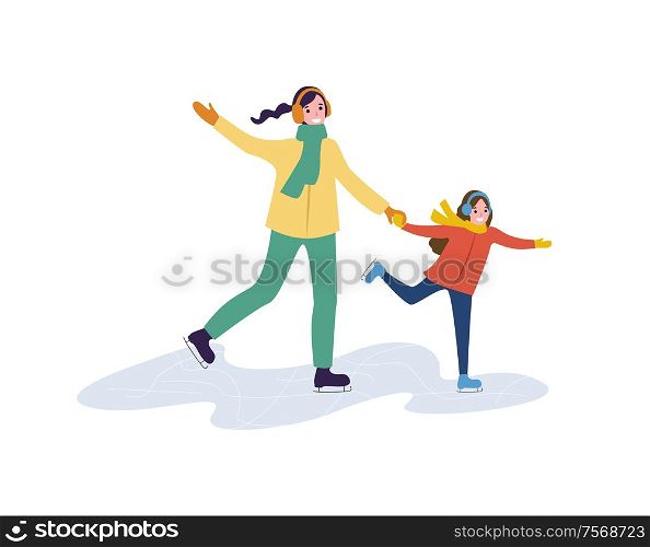 Mum and daughter holding each others and skating. Woman and child in jacket and scarf with earmuffs. Winter family scene isolated on white vector. Family Winter Walking Mum and Daughter Vector