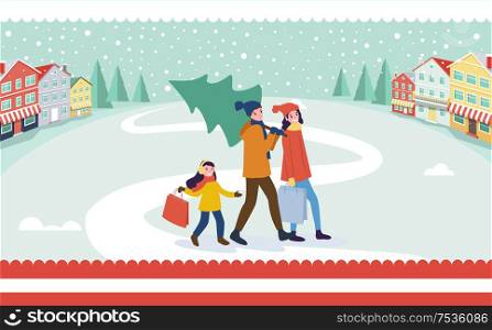 Mum going with packages near and dad holding fir-tree and daughter with bags. Smiling family going near buildings, preparation for winter holidays vector. Going Outdoor Family near Colorful Building Vector