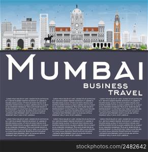 Mumbai Skyline with Gray Landmarks and Blue Sky. Vector Illustration. Business Travel and Tourism Concept with Copy Space. Image for Presentation Banner Placard and Web Site.
