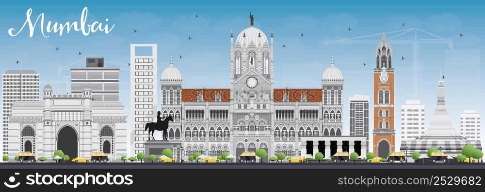 Mumbai Skyline with Gray Landmarks and Blue Sky. Vector Illustration. Business Travel and Tourism Concept with Historic Buildings. Image for Presentation Banner Placard and Web Site.