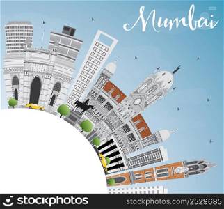 Mumbai Skyline with Gray Landmarks and Blue Sky. Vector Illustration. Business Travel and Tourism Concept with Copy Space. Image for Presentation Banner Placard and Web Site.
