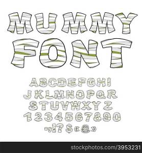 Mummy font. Alphabet in bandages. Monster zombie Letters of Latin alphabet. Learned embalming letters. Ancient Egyptian Type letters, numbers and punctuation marks.