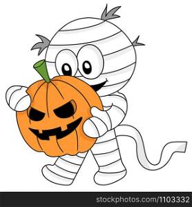 mummy walking bring halloween pumpkin. cartoon illustration sticker emoticon