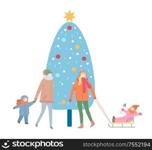 Mums and children near big decoration Christmas tree vector. Women in warm clothes holding little sun and daughter on sleigh, happy family in winter. Mums and Children near Decoration Fir-tree Vector