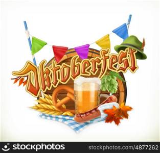 Munich Beer Festival Oktoberfest, the vector can also be used by any beer manufacturers. Barrel, pretzel, beverage, hop, grain, sausage, hat