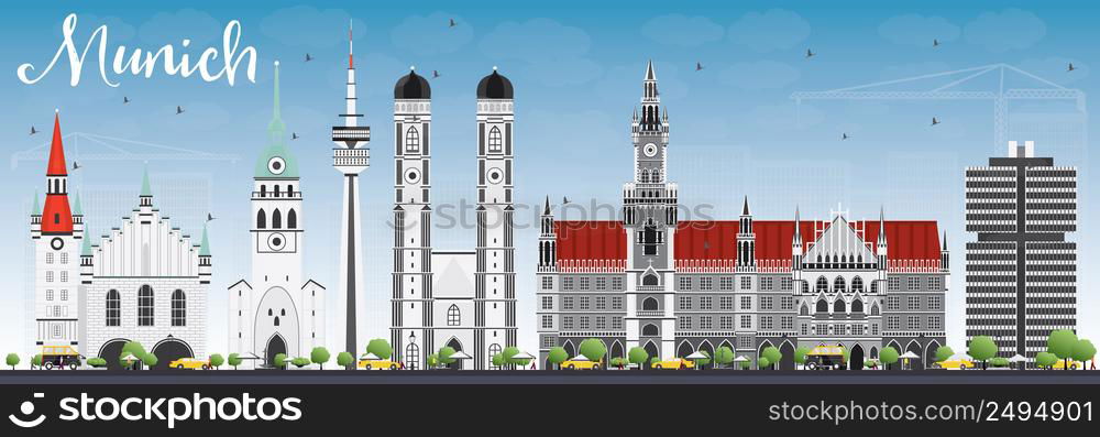 Munich Skyline with Gray Buildings and Blue Sky. Vector Illustration. Business Travel and Tourism Concept with Historic Architecture. Image for Presentation Banner Placard and Web Site.