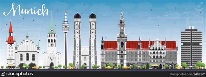 Munich Skyline with Gray Buildings and Blue Sky. Vector Illustration. Business Travel and Tourism Concept with Historic Architecture. Image for Presentation Banner Placard and Web Site.